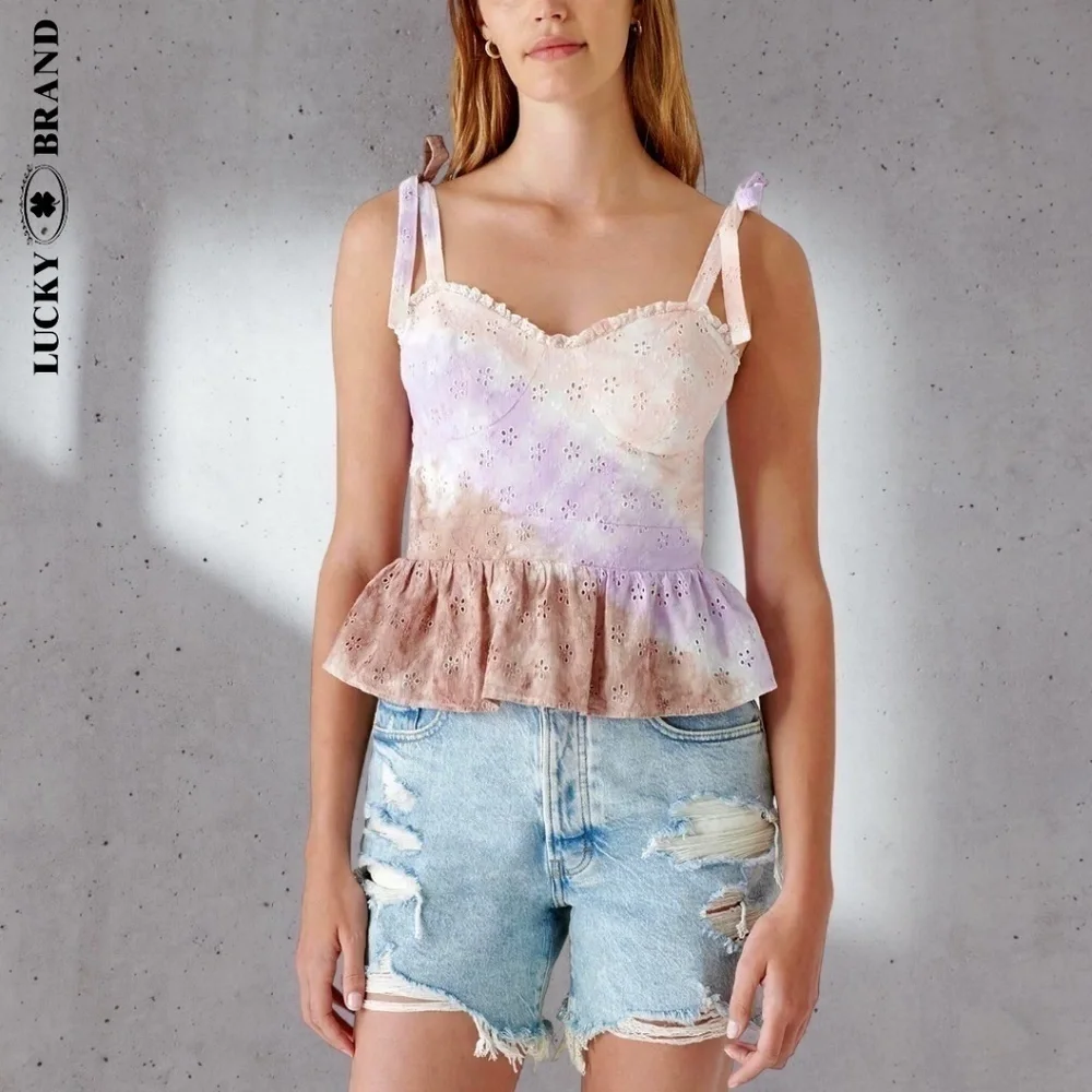 LUCKY BRAND Sweetheart Neck Shoulder Ties Cotton Eyelet Tie-Dyed Corset Top NWT